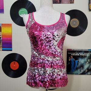 Wildcat | Y2K Pink & Silver Sequined Swirl Tank Top